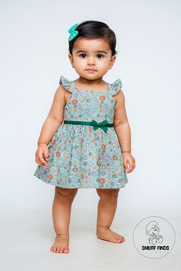 Smurf Finds Premium Woven Printed Organic Cotton Frock| 100% Cotton| Green| SMWF169006 - 24 mon, Green