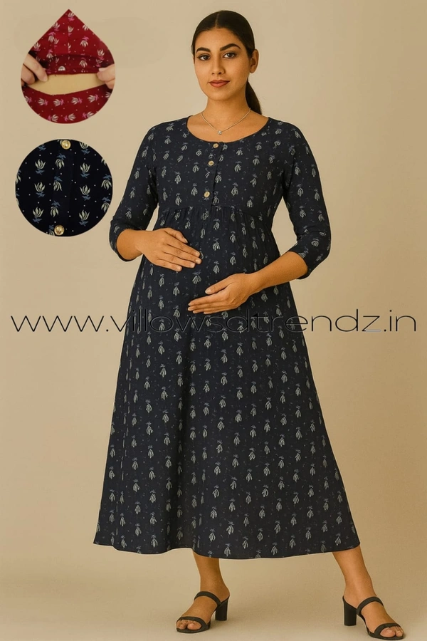 Twill Blue Pull-up Feeding Umbrella Rayon Kurti | Ink Blue | PFK28012 - Ink blue, XL