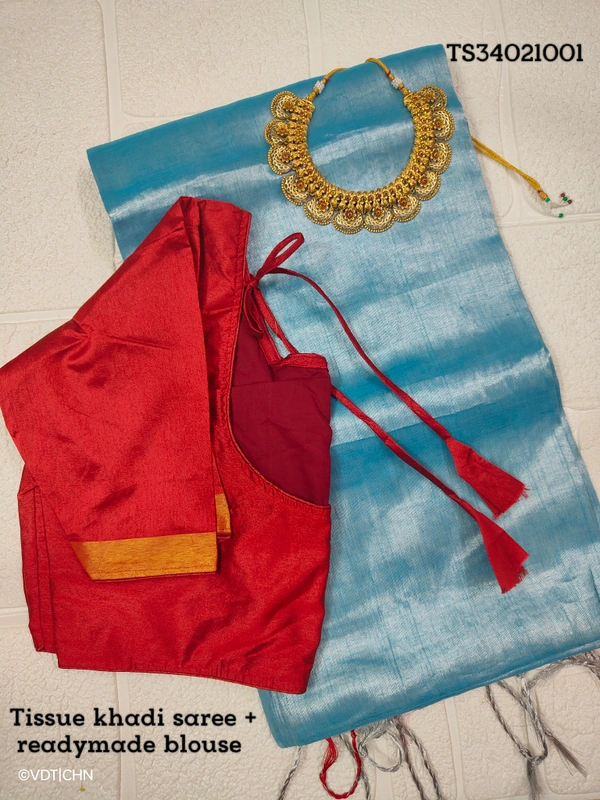 Ruthvi Ethincs Ragha Tissue Khadi Saree With Blouse TS34021001 - Saree With Blouse, Sky Blue