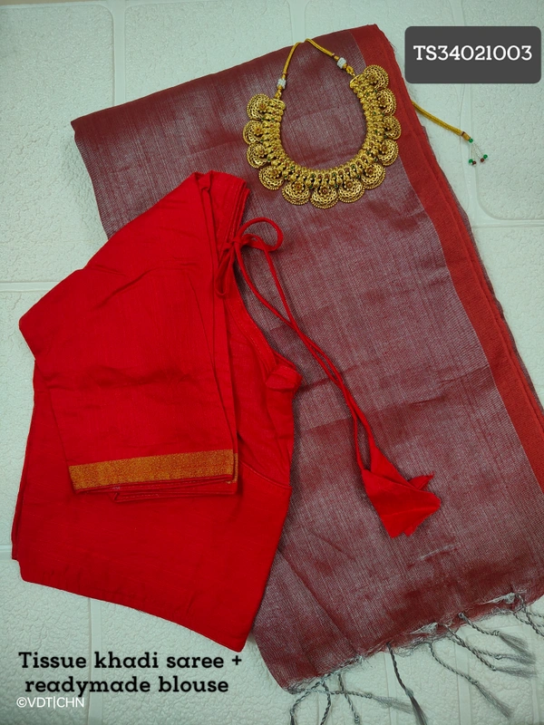 Ruthvi Ethincs Ragha Tissue Khadi Saree With Blouse TS34021003 - Saree With Blouse, Red