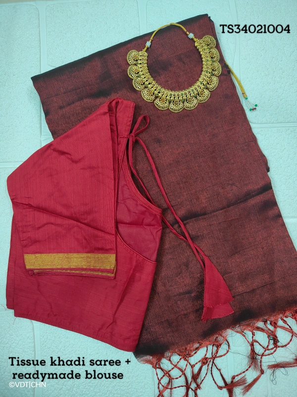 Ruthvi Ethincs Ragha Tissue Khadi Saree With Blouse TS34021004 - Saree With Blouse, Maroon