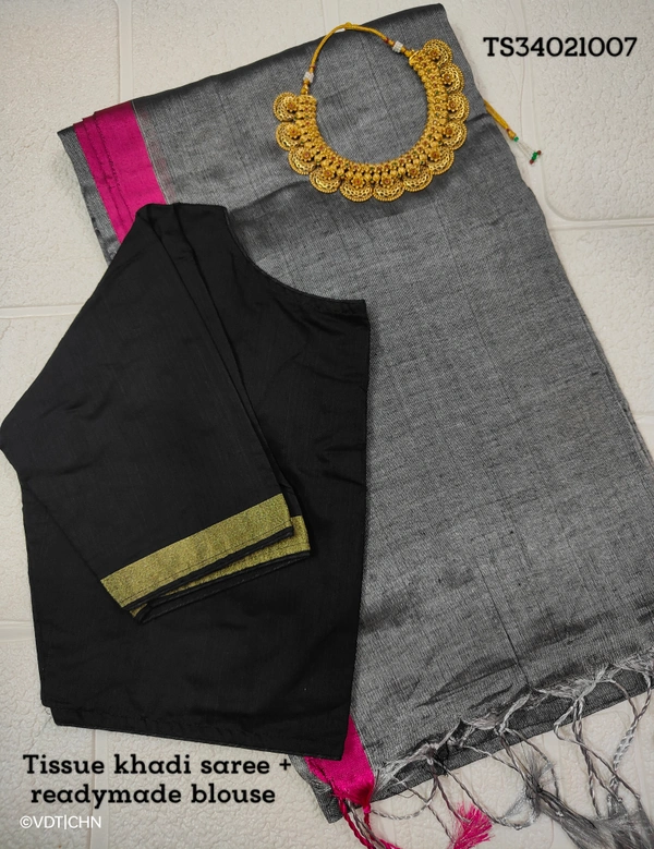 Ruthvi Ethincs Ragha Tissue Khadi Saree With Blouse TS34021007 - Saree With Blouse, Ash