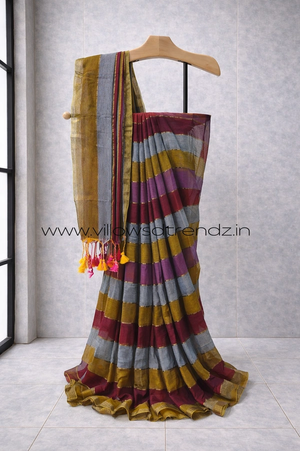 Villows Rainbow Mul Cotton Saree | Multi Colored  With Zari Stripes | Multi colour | RB545005 - Multi colour, Saree