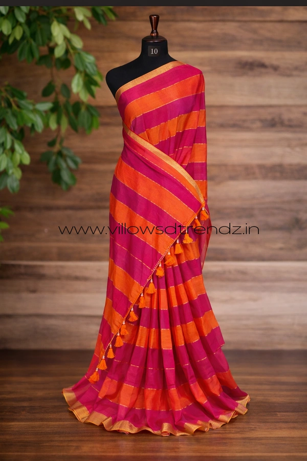 Villows Rainbow Mul Cotton Saree | Multi Colored  With Zari Stripes | Pink with orange | RB545001 - Multi colour, Saree
