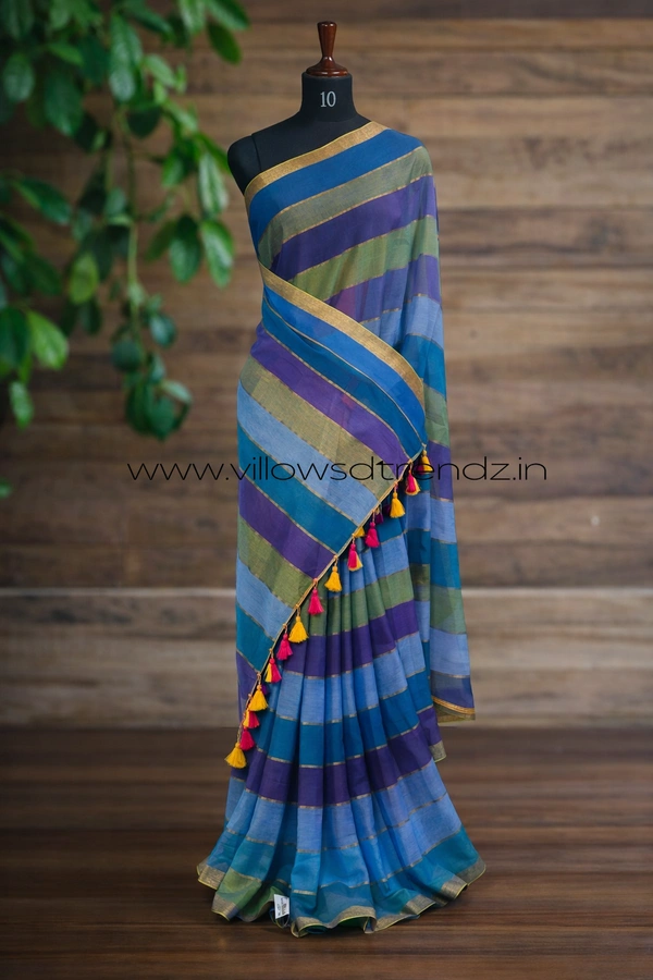 Villows Rainbow Mul Cotton Saree | Multi Colored  With Zari Stripes | Blue | RB545006 - Multi colour, Saree
