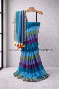 Villows Rainbow Mul Cotton Saree | Multi Colored  With Zari Stripes | Blue | RB545006 - Multi colour, Saree