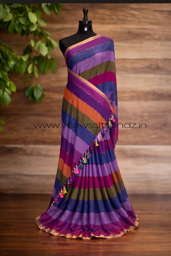 Villows Rainbow Mul Cotton Saree | Multi Colored With Zari Stripes | Multi colour | RB545002 - Multi colour, Saree