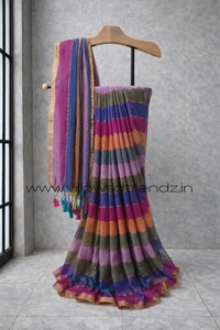 Villows Rainbow Mul Cotton Saree | Multi Colored With Zari Stripes | Multi colour | RB545002 - Multi colour, Saree