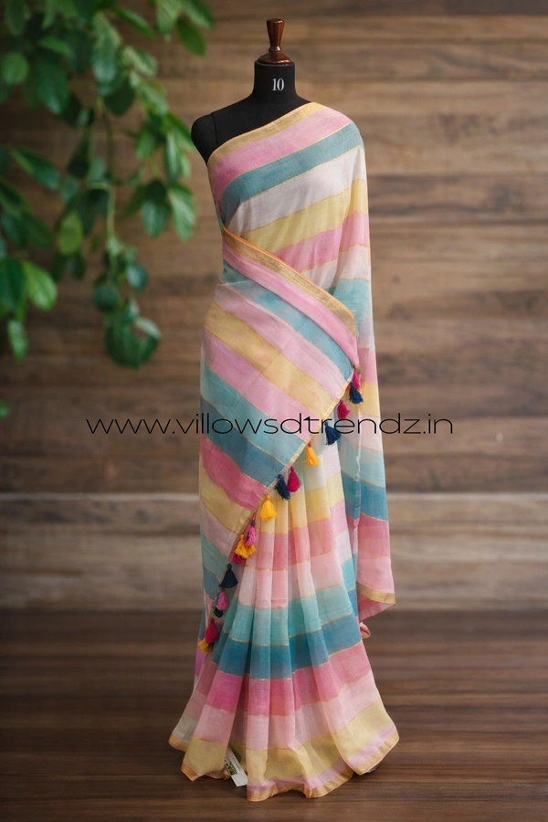 Villows Rainbow Mul Cotton Saree | Multi Colored  With Zari Stripes | Multi colour | RB545003 - Multi colour, Saree