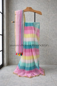 Villows Rainbow Mul Cotton Saree | Multi Colored  With Zari Stripes | Multi colour | RB545003 - Multi colour, Saree