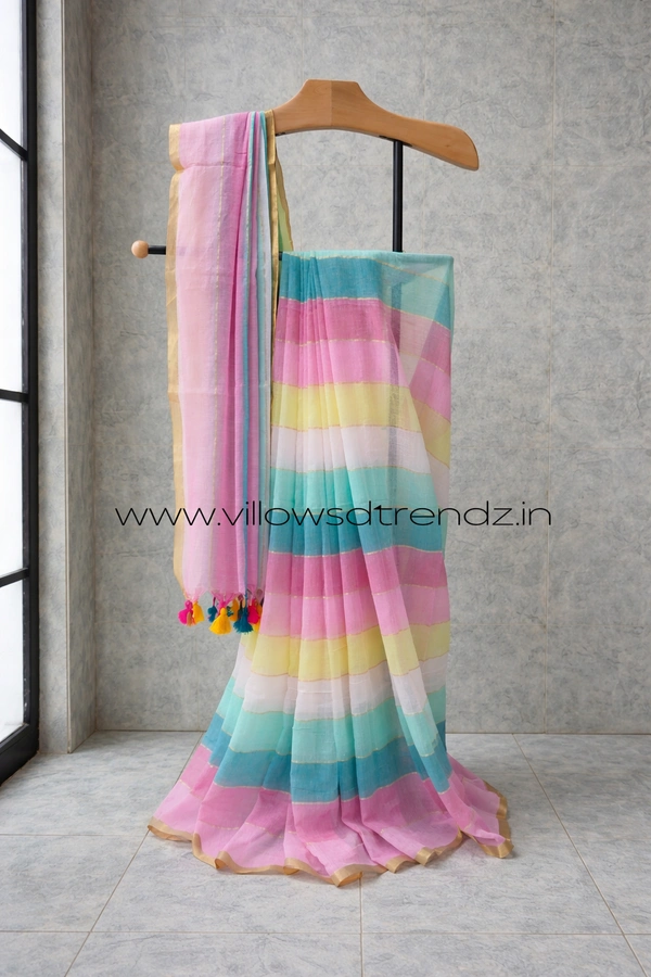 Villows Rainbow Mul Cotton Saree | Multi Colored  With Zari Stripes | Multi colour | RB545003 - Multi colour, Saree