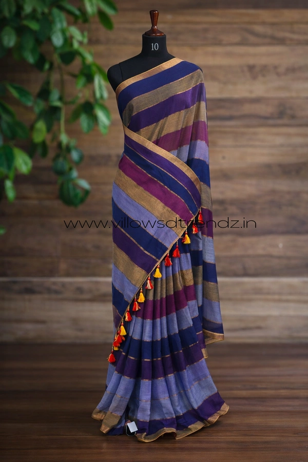 Villows Rainbow Mul Cotton Saree | Multi Colored  With Zari Stripes | Multi colour | RB545008 - Multi colour, Saree