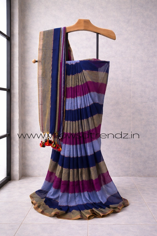 Villows Rainbow Mul Cotton Saree | Multi Colored  With Zari Stripes | Multi colour | RB545008 - Multi colour, Saree