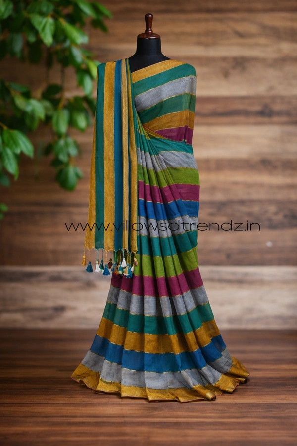 Villows Rainbow Mul Cotton Saree | Multi Colored  With Zari Stripes | Multi colour | RB5450010 - Multi colour, Saree