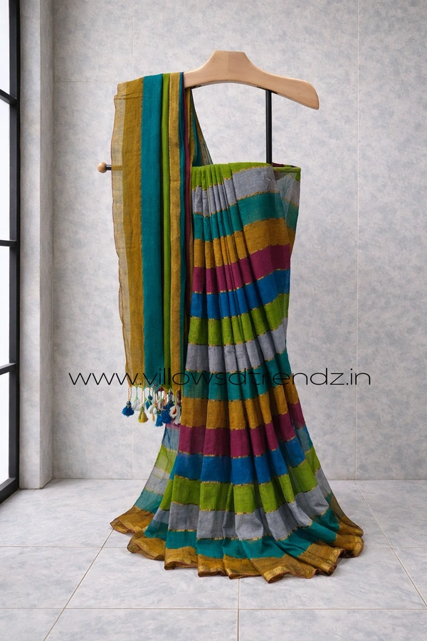 Villows Rainbow Mul Cotton Saree | Multi Colored  With Zari Stripes | Multi colour | RB5450010 - Multi colour, Saree