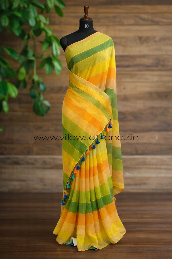 Villows Rainbow Mul Cotton Saree | Multi Colored  With Zari Stripes | Multi colour | RB5450016 - Multi colour, Saree