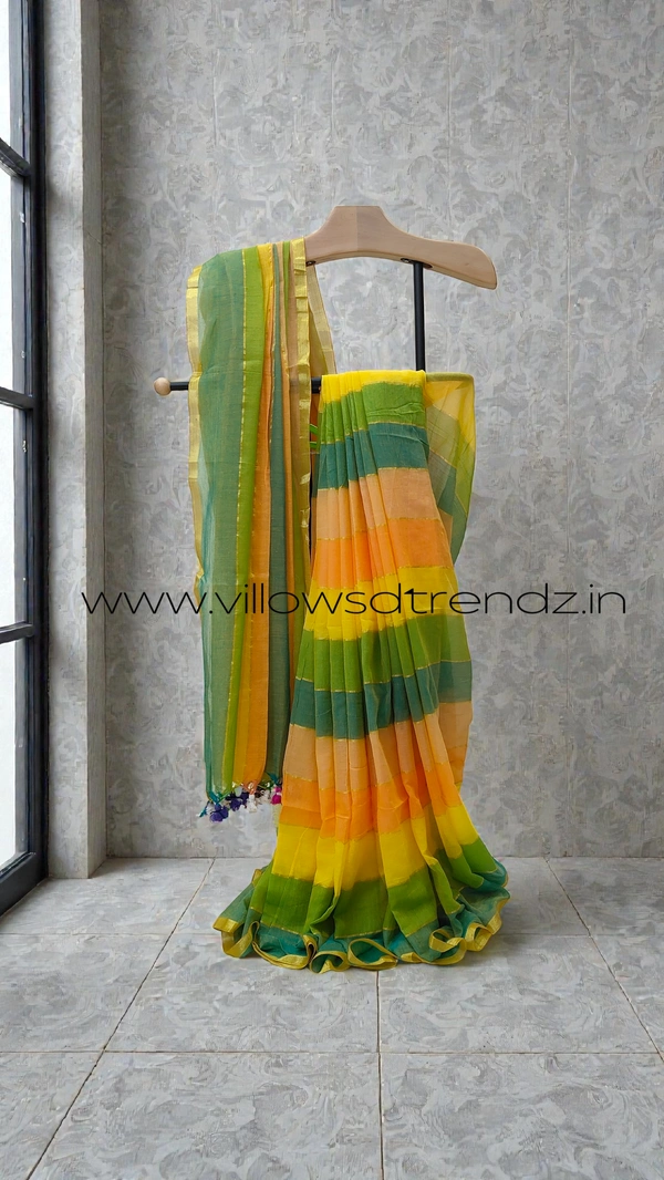 Villows Rainbow Mul Cotton Saree | Multi Colored  With Zari Stripes | Multi colour | RB5450016 - Multi colour, Saree