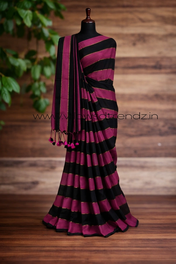 Villows Rainbow Mul Cotton Saree | Multi Colored  With Zari Stripes | Black with pink | RB5450012 - Multi colour, Saree