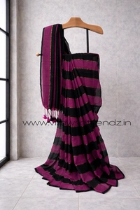 Villows Rainbow Mul Cotton Saree | Multi Colored  With Zari Stripes | Black with pink | RB5450012 - Multi colour, Saree