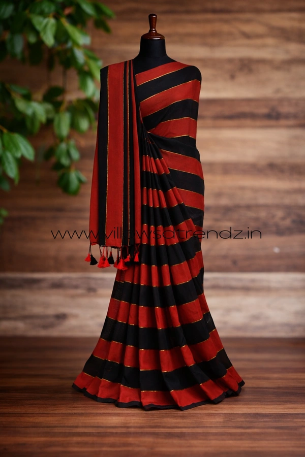 Villows Rainbow Mul Cotton Saree | Multi Colored  With Zari Stripes | Black with Red | RB5450011 - Multi colour, Saree