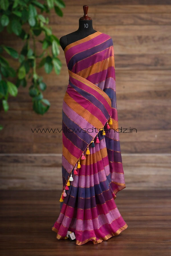Villows Rainbow Mul Cotton Saree | Multi Colored  With Zari Stripes | Multi colour | RB5450015 - Multi colour, Saree
