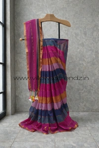 Villows Rainbow Mul Cotton Saree | Multi Colored  With Zari Stripes | Multi colour | RB5450015 - Multi colour, Saree