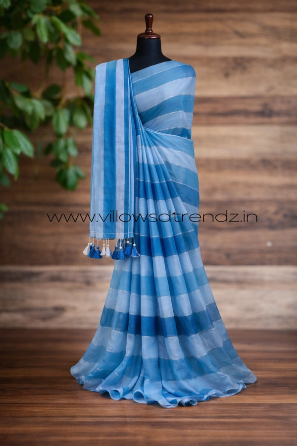 Villows Rainbow Mul Cotton Saree | Multi Colored  With Zari Stripes | Sky blue | RB545009 - Multi colour, Saree