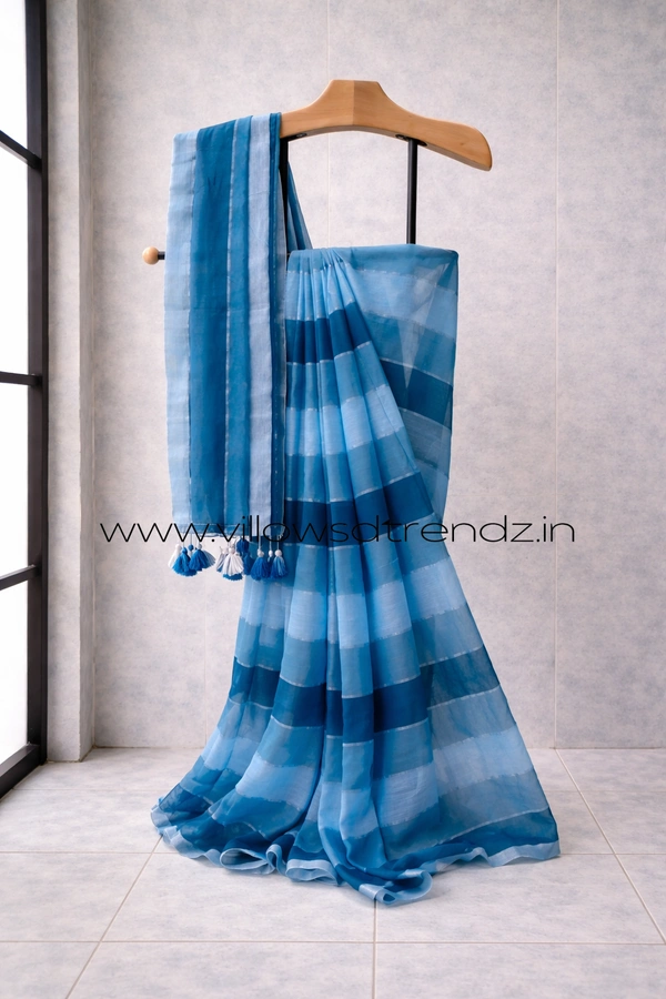 Villows Rainbow Mul Cotton Saree | Multi Colored  With Zari Stripes | Sky blue | RB545009 - Multi colour, Saree