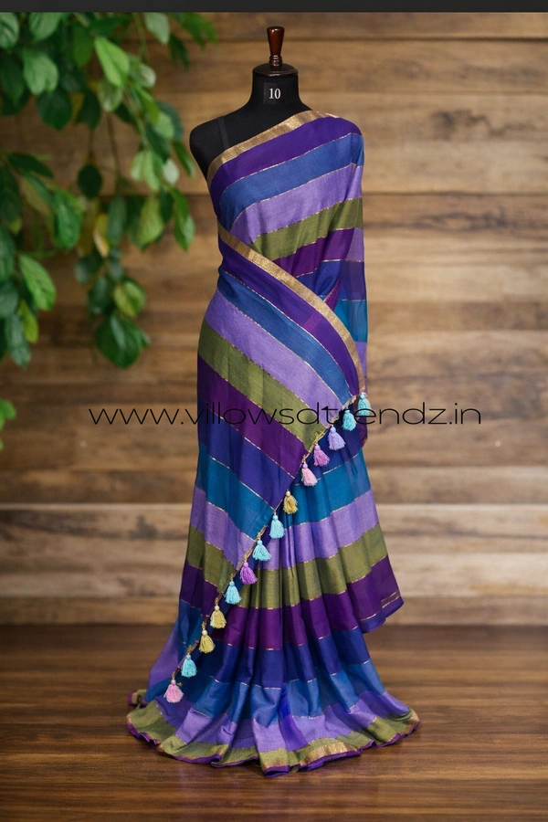 Villows Rainbow Mul Cotton Saree | Multi Colored  With Zari Stripes | Multi colour | RB545004 - Saree, Multi colour