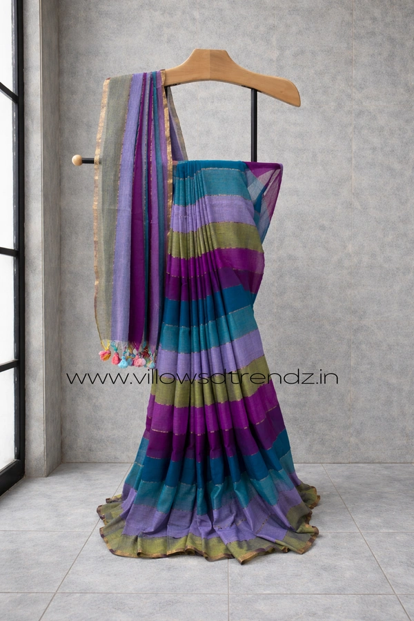 Villows Rainbow Mul Cotton Saree | Multi Colored  With Zari Stripes | Multi colour | RB545004 - Saree, Multi colour