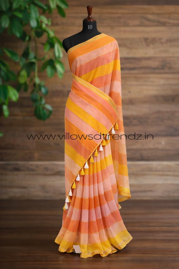 Villows Rainbow Mul Cotton Saree | Multi Colored  With Zari Stripes | Pink with orange | RB545007 - Multi colour, Saree