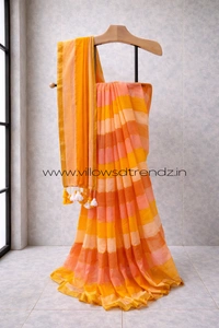 Villows Rainbow Mul Cotton Saree | Multi Colored  With Zari Stripes | Pink with orange | RB545007 - Multi colour, Saree