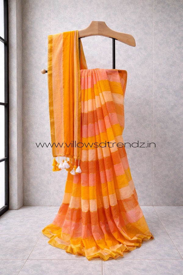 Villows Rainbow Mul Cotton Saree | Multi Colored  With Zari Stripes | Pink with orange | RB545007 - Multi colour, Saree
