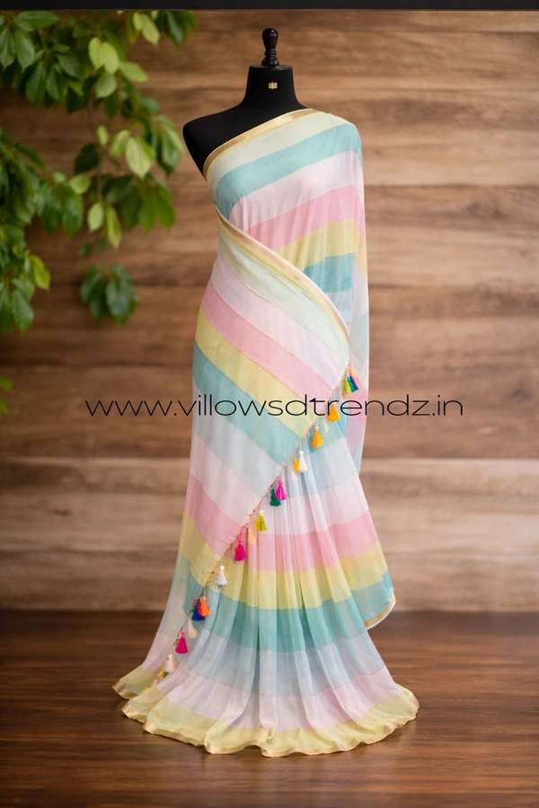 Villows Rainbow Mul Cotton Saree | Multi Colored With Zari Stripes | Multi colour | RB5450014 - Multi colour, Saree
