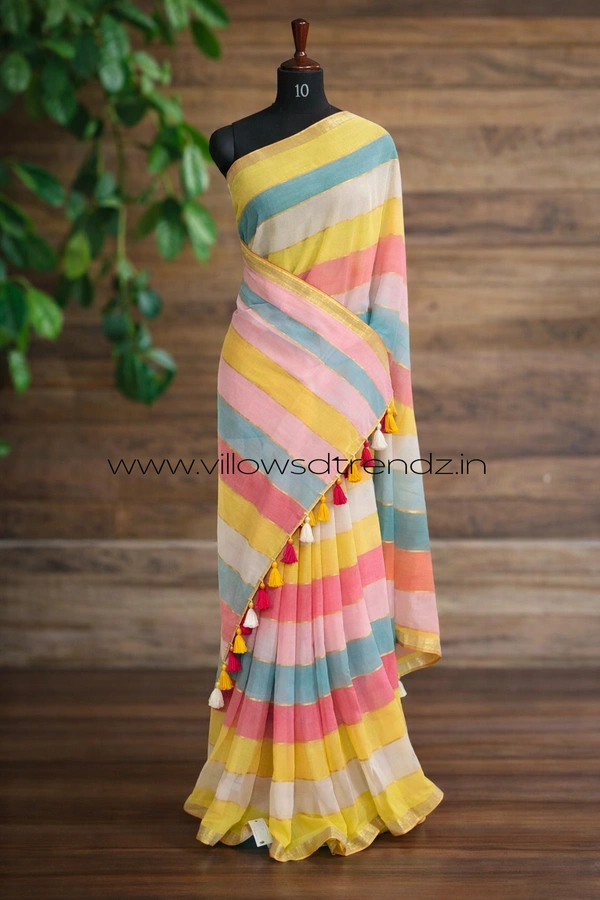 Villows Rainbow Mul Cotton Saree | Multi Colored  With Zari Stripes | Multi colour | RB5450013 - Multi colour, Saree