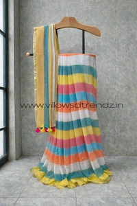 Villows Rainbow Mul Cotton Saree | Multi Colored  With Zari Stripes | Multi colour | RB5450013 - Multi colour, Saree