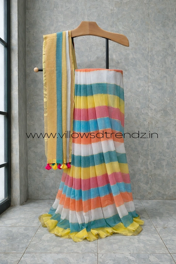 Villows Rainbow Mul Cotton Saree | Multi Colored  With Zari Stripes | Multi colour | RB5450013 - Multi colour, Saree