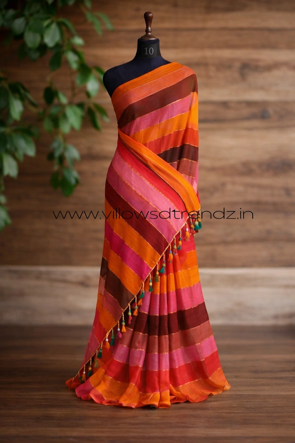 Villows Rainbow Mul Cotton Saree | Multi Colored  With Zari Stripes |  Multi colour | RB5450020 - Multi colour, 5.5 mts + Running Blouse Piece