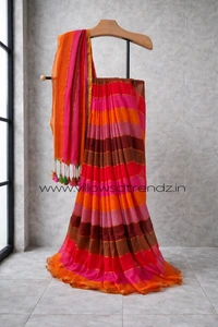 Villows Rainbow Mul Cotton Saree | Multi Colored  With Zari Stripes |  Multi colour | RB5450020 - Multi colour, 5.5 mts + Running Blouse Piece