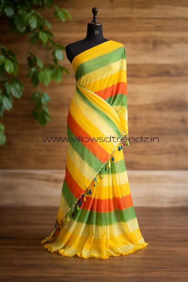 Villows Rainbow Mul Cotton Saree | Multi Colored  With Zari Stripes |  Multi colour | RB5450021 - Multi colour, 5.5 mts + Running Blouse Piece