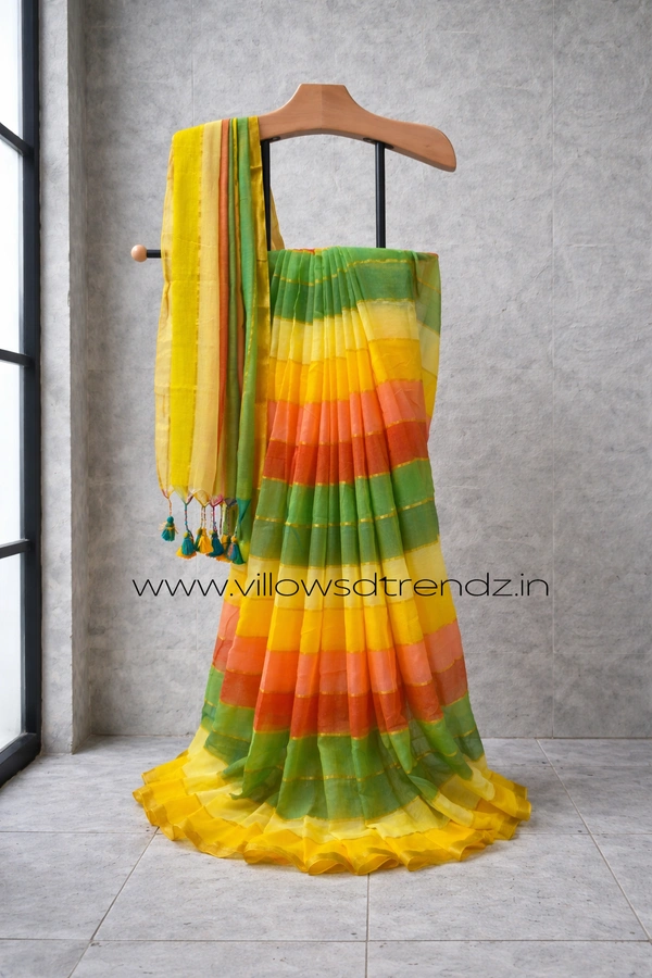 Villows Rainbow Mul Cotton Saree | Multi Colored  With Zari Stripes |  Multi colour | RB5450021 - Multi colour, 5.5 mts + Running Blouse Piece