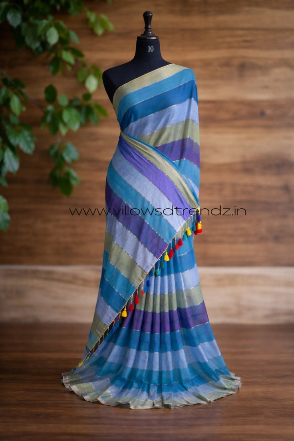 Villows Rainbow Mul Cotton Saree | Multi Colored  With Zari Stripes |  Multi colour | RB5450018 - Multi colour, 5.5 mts + Running Blouse Piece