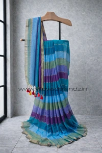 Villows Rainbow Mul Cotton Saree | Multi Colored  With Zari Stripes |  Multi colour | RB5450018 - Multi colour, 5.5 mts + Running Blouse Piece