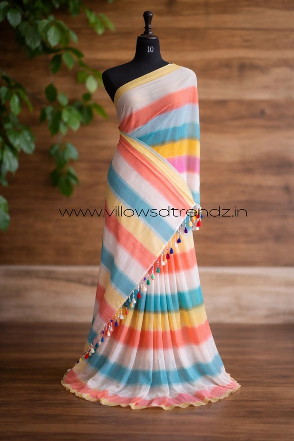 Villows Rainbow Mul Cotton Saree | Multi Colored  With Zari Stripes |  Multi colour | RB5450019 - Multi colour, 5.5 mts + Running Blouse Piece