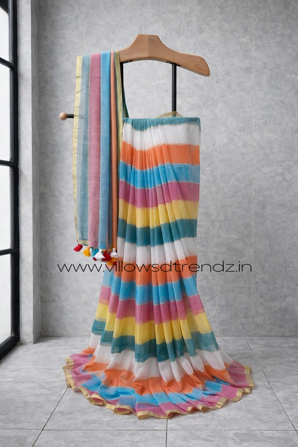 Villows Rainbow Mul Cotton Saree | Multi Colored  With Zari Stripes |  Multi colour | RB5450019 - Multi colour, 5.5 mts + Running Blouse Piece