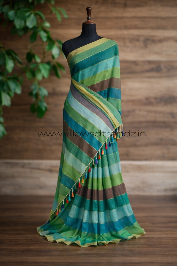 Villows Rainbow Mul Cotton Saree | Multi Colored  With Zari Stripes |  Multi colour | RB5450017 - Multi colour, 5.5 mts + Running Blouse Piece