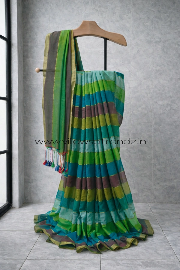 Villows Rainbow Mul Cotton Saree | Multi Colored  With Zari Stripes |  Multi colour | RB5450017 - Multi colour, 5.5 mts + Running Blouse Piece