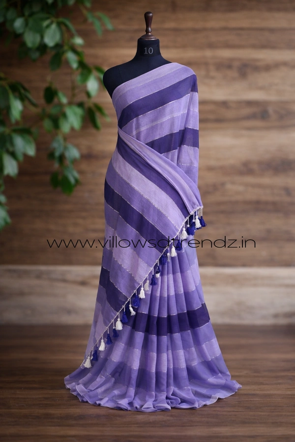 Villows Rainbow Mul Cotton Saree | Multi Colored  With Zari Stripes |  Blue shades | RB5450023 - Blue, 5.5 mts + Running Blouse Piece