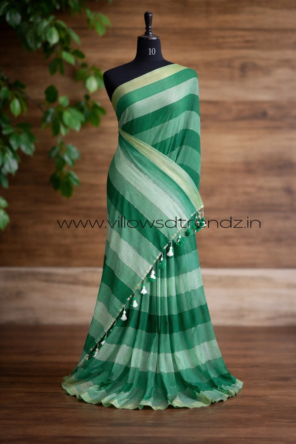 Villows Rainbow Mul Cotton Saree | Multi Colored With Zari Stripes | Green shades | RB5450024 - Green, 5.5 mts + Running Blouse Piece