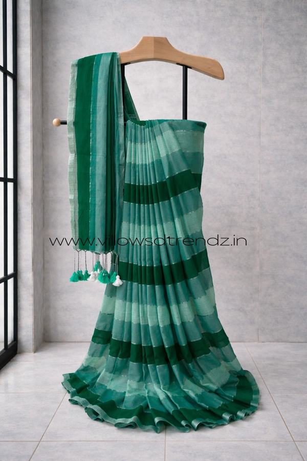 Villows Rainbow Mul Cotton Saree | Multi Colored With Zari Stripes | Green shades | RB5450024 - Green, 5.5 mts + Running Blouse Piece